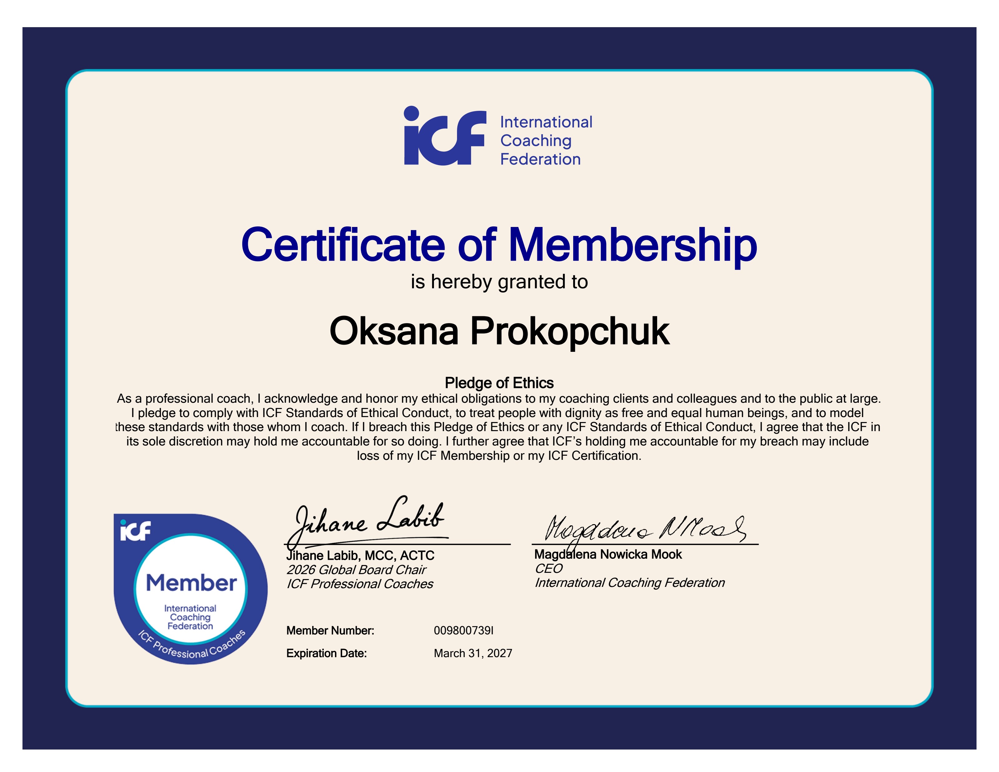 Certyfikat: Członkostwo ICF – Oksana Prokopchuk